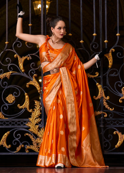 Anaita Orange Silk Tissue Zari Weaving Work Saree With Blouse Piece