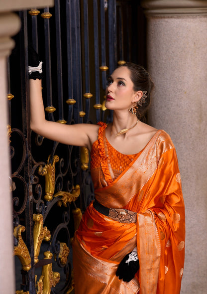 Anaita Orange Silk Tissue Zari Weaving Work Saree With Blouse Piece