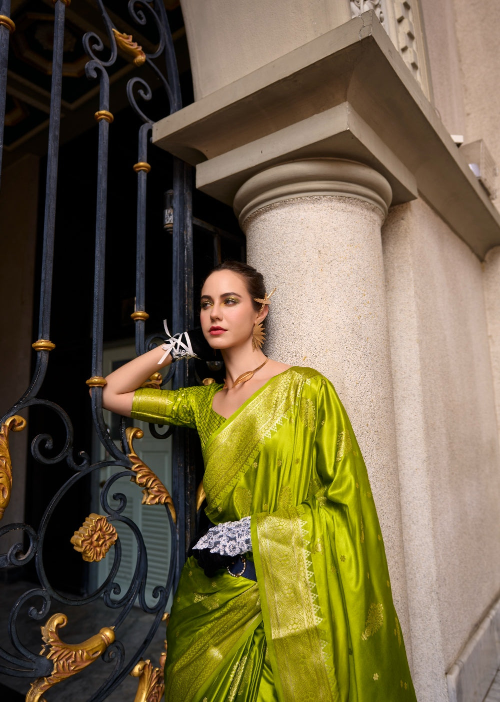Anaita Parrot Green Silk Tissue Zari Weaving Work Saree With Blouse Piece