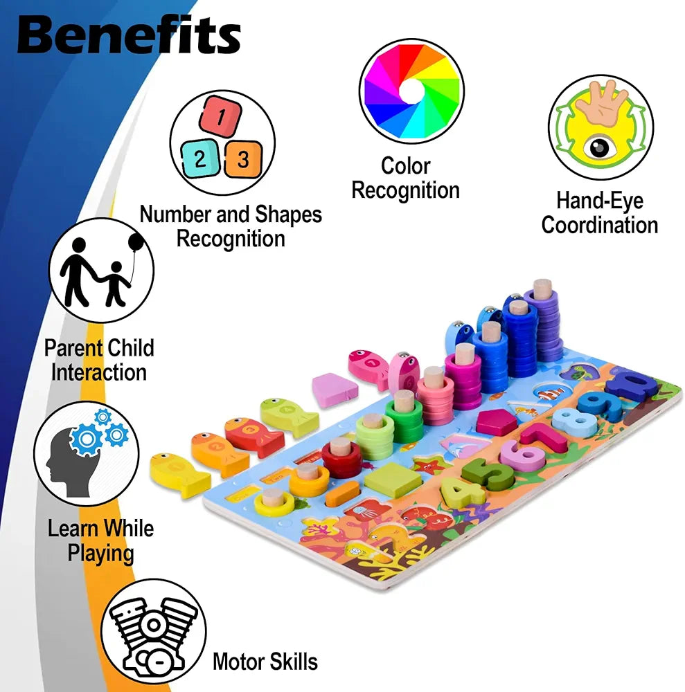 Wishkey Wooden 6 in 1 Multifunctional Learning Board Puzzle, Numbers, Shapes, Fishing Game, Stacking, Montessori Game Educational Toys