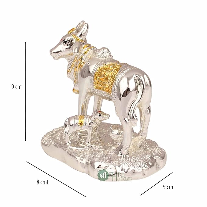 Indicast Resin Gold & Silver Plated Cow Idol With Calf Murti for Office Table and Home Decor & Gifts