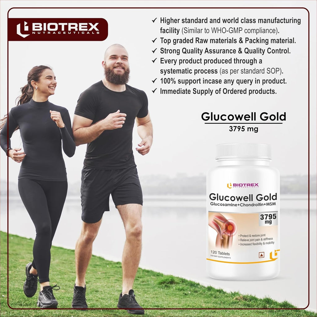 Biotrex Nutraceuticals Glucosamine+ Chondroitin + MSM 3795mg Glucowell GOLD - 120 Tablets, Cartilage & Joint Support Supplement, Glucosamine Chondroitin MSM for Joint Relieves Pain and Stiffness