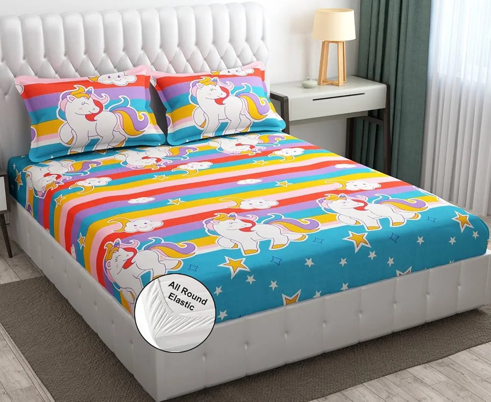Fresh From Loom Cartoon 300 TC Wrinkle Free Glace Cotton Elastic Fitted Bedsheet for Kids with Two Pillow Cover Queen Unicorn Multicolor