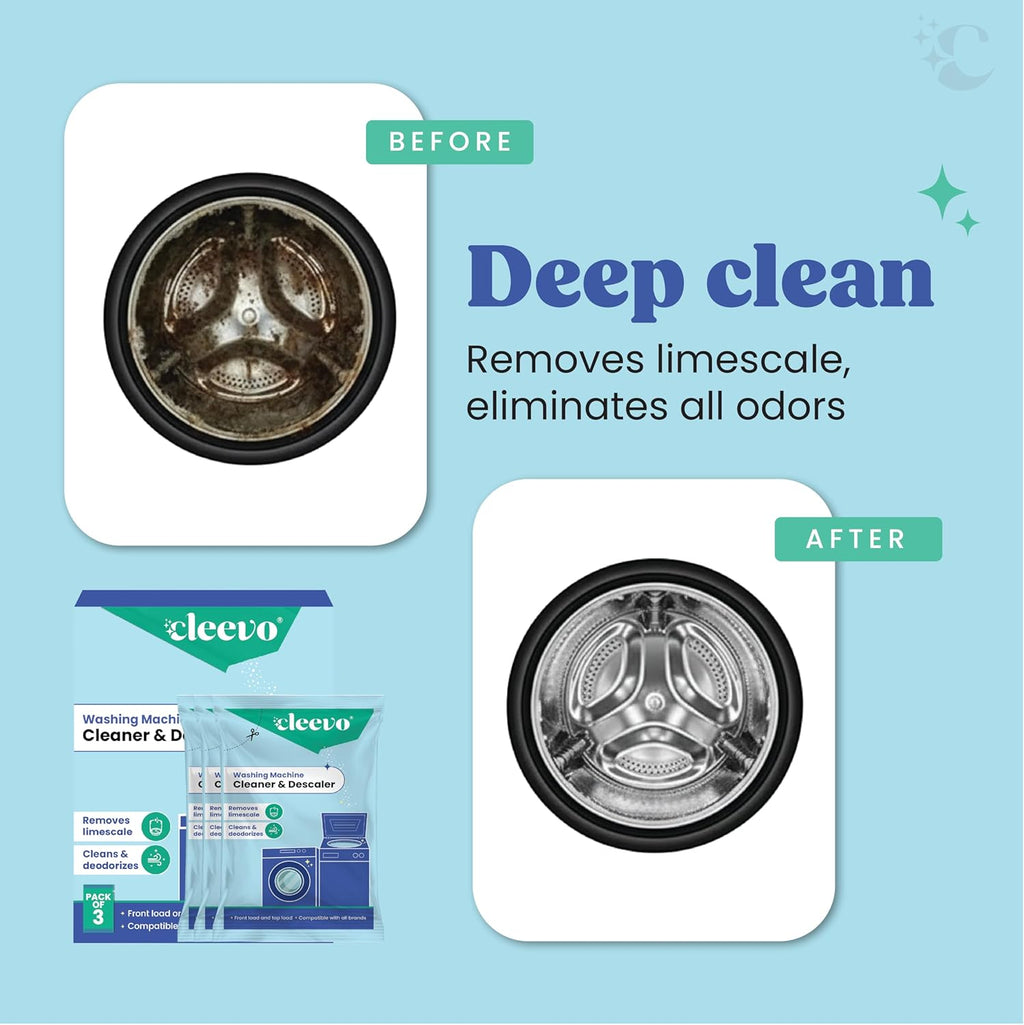 Cleevo Washing Machine Cleaner & Descaler Powder â€“ Pack of 3 | Removes Limescale, Odour & Residue | Non-Toxic, Phosphate-Free | Front & Top Load Safe
