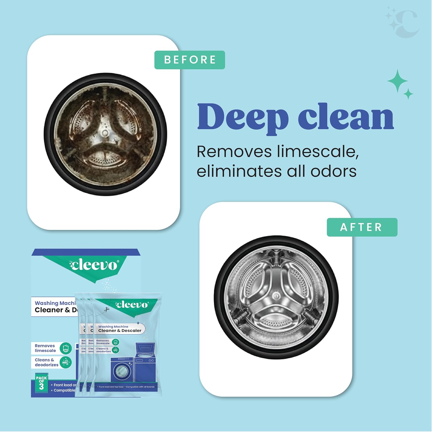 Cleevo Washing Machine Cleaner & Descaler Powder â€“ Pack of 3 | Removes Limescale, Odour & Residue | Non-Toxic, Phosphate-Free | Front & Top Load Safe