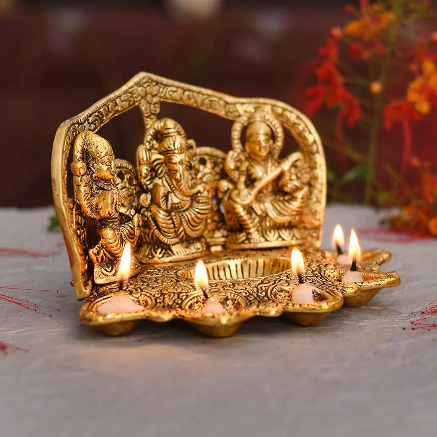 Laxmi Ganesh Saraswati Idol Diya Oil Lamp Deepak Metal