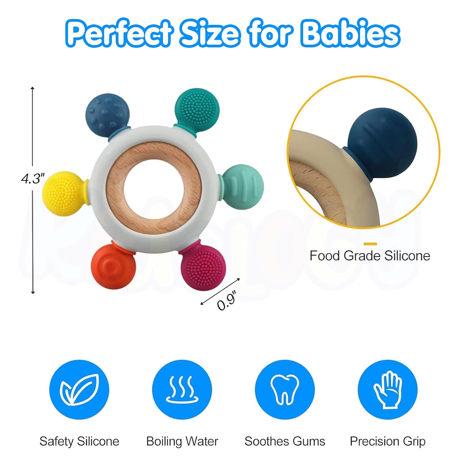 Kidology Wooden Baby Teether Ring 6-Point Silicone Chew Toy