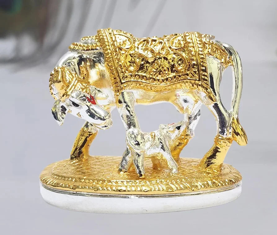 Gold Art India Om Kamdhenu Cow with Calf Idol  Gold Silver Plated
