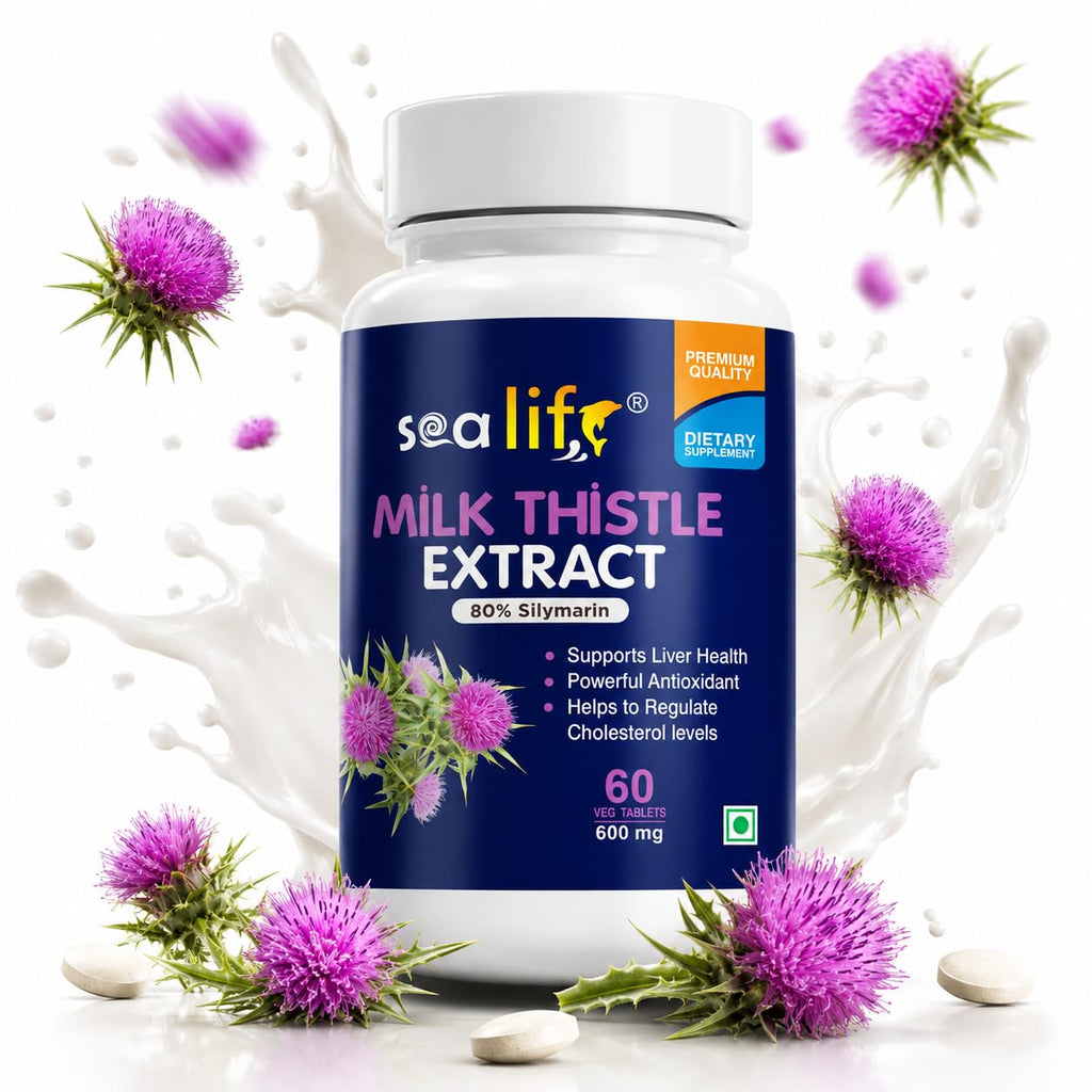 Sea Life Milk Thistle Extract Tablets | Silymarin 80% | Liver Cleanse Detox Support Supplement 600 mg (60 Tablets) Support Protection Against Fatty Liver |For Men And Women
