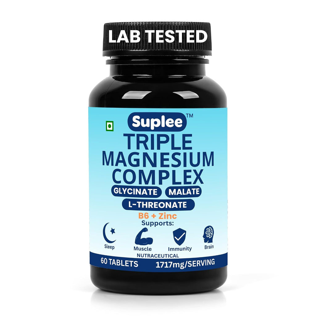 Suplee Triple Magnesium Complex Supplement with Magnesium Glycinate, L-Threonate & Malate | With Zinc & Vitamin B6 for Sleep, Muscle, & Brain Support | 60 Tablets