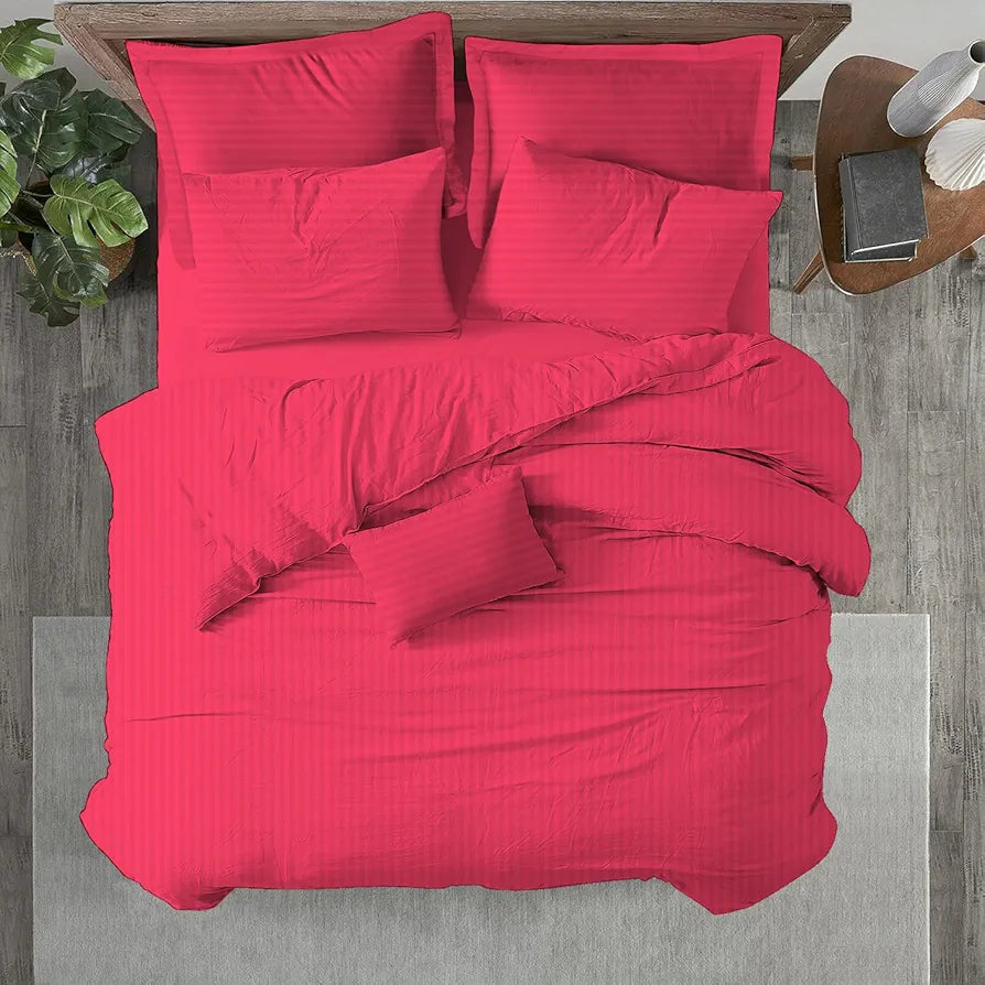 Trance Home Linen Zippered 100% Cotton 200TC Satin Stripe King Size Duvet Cover Quilt Cover Blanket Cover Razai Comforter Cover with 2 Pillow Covers Colour Dark Pink