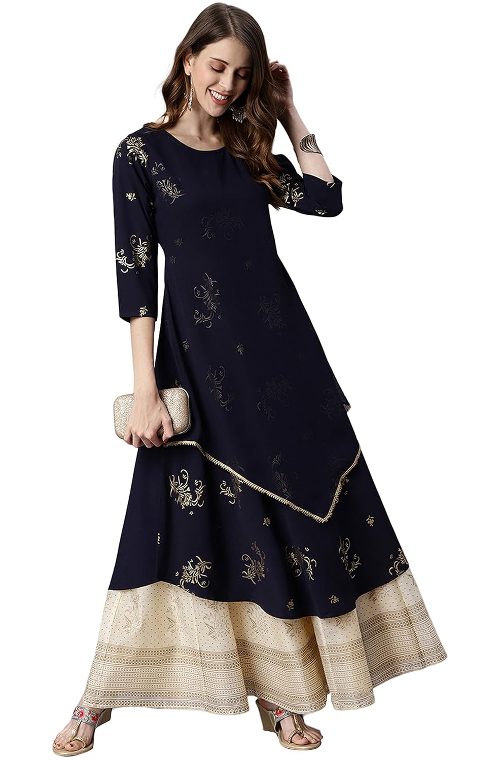 Janasya Women's Navy Blue Poly Crepe Floral Print Flared Kurta