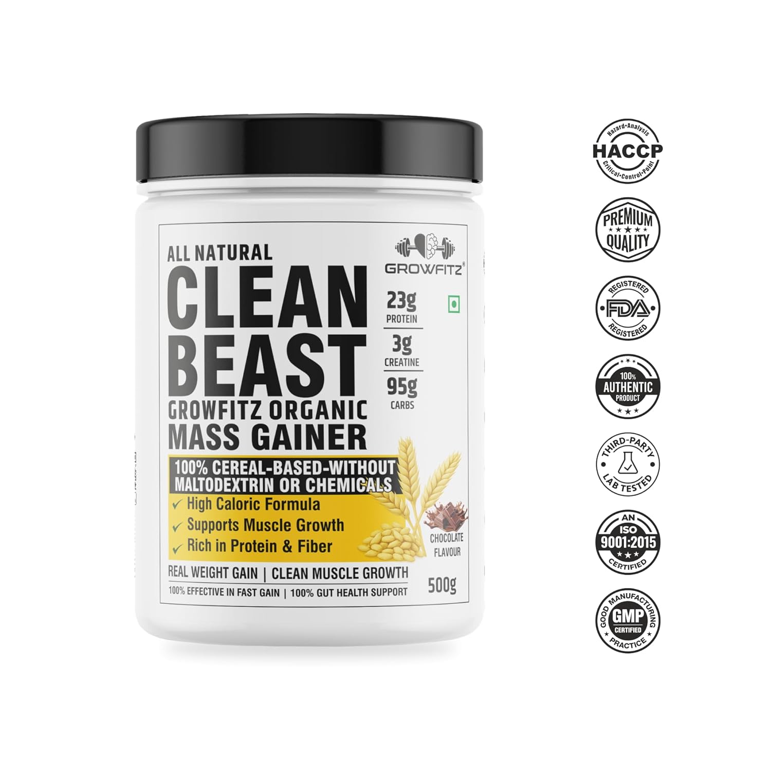 Growfitz All Natural Clean Beast Mass & Weight Gainer 500gram | 23g High Protein | Cereals Based | Support Muscle Growth | 95g Carbs & 3g Creatine | 666 Calories With Vitamins & Minerals | Chocolate Flavour