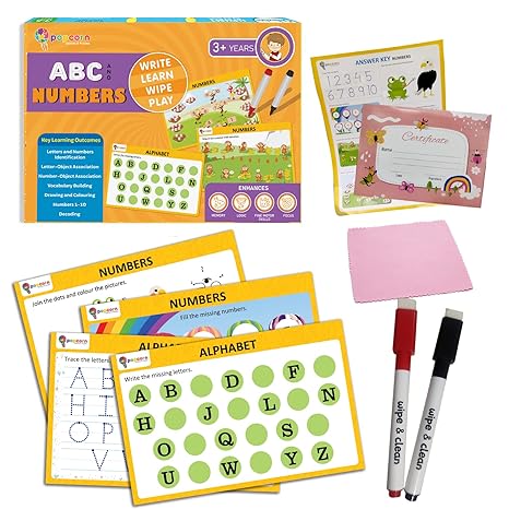 Popcorn Games & Puzzles ABC and Numbers Reusable Activity Mats with 2 Marker Pens Gifts & Creative