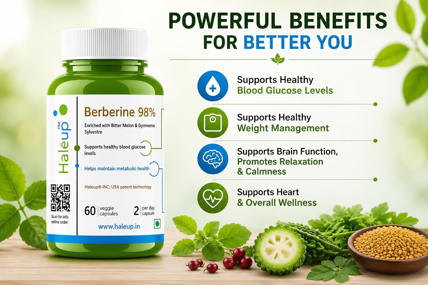 Haleup Berberine 98% high bioavailability 6-in-1 with Bitter Melon Extract, 60 capsules, Chromium Picolate and Vitamin B12 | Berberine Capsules 400 mg