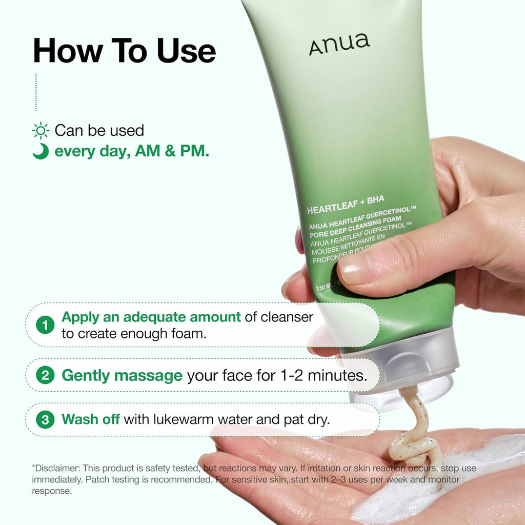 Anua Heartleaf Quercetinol Pore Deep Cleansing Foam, Facial Cleanser, for Double Cleansing, BHA, Hyaluronic Acid, Glycerin, Face Wash, Blackhead Remover, Korean Skincare (150ml)