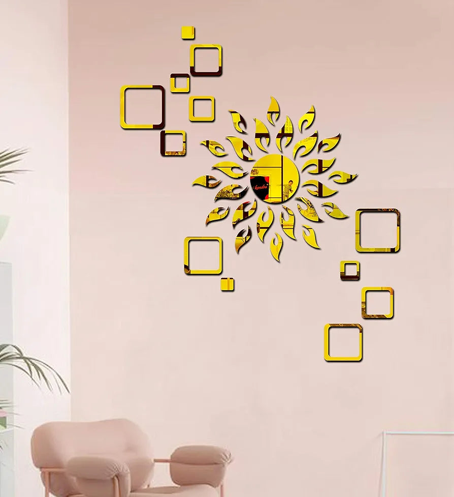 Bikri Kendra Sun Golden with 2 Set Square Golden Decorative Mirror Stickers for Wall 3D Acrylic Stickers