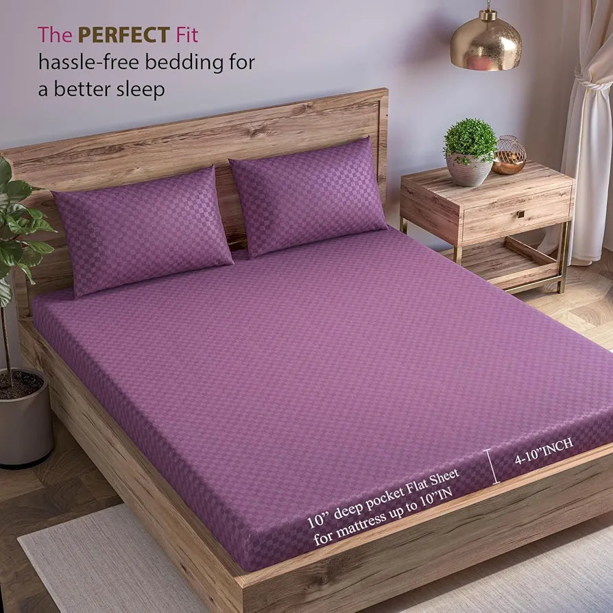 Trance Home Linen 300TC Jacquard Weave Fitted Bedsheet for King Size Bed with 2 Pillow Cover Skin Friendly Premium 100% Cotton 78 x 72 Inches Colour Plum