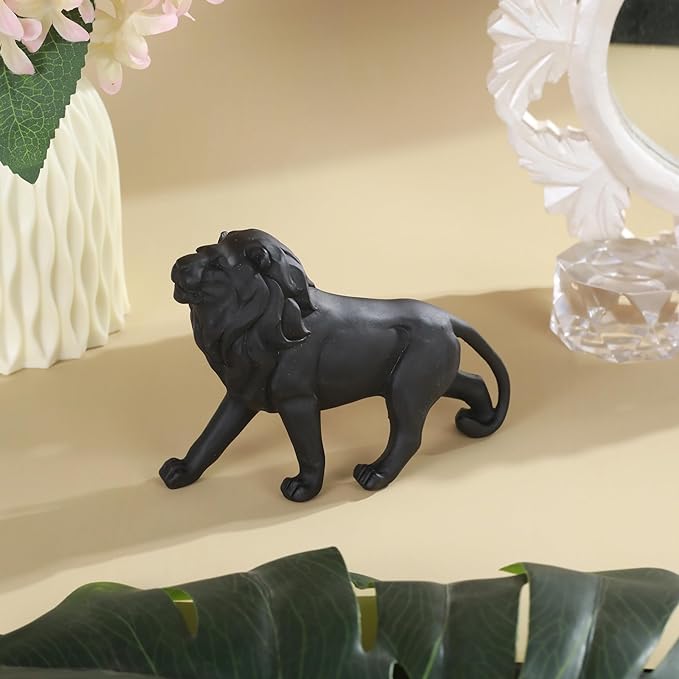 Tied Ribbons Decorative Lion Statue Showpiece Sculpture Animal Figurines Black Resin Idol