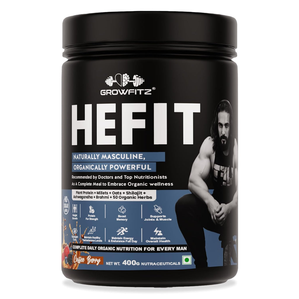 Growfit Hefit 100% Natural Plant Protein Powder 400g | 12g Protein - Pea Isolate | Easy to Digest | Meal Supplements for Muscle Growth & Recovery | 50+ Organic Herbs | No Added Sugar (Coffee Berry)
