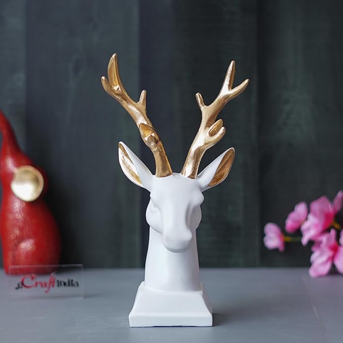 Ecraftindia White Polyresin Reindeer Head Statue With Golden Antlers Animal Showpiece