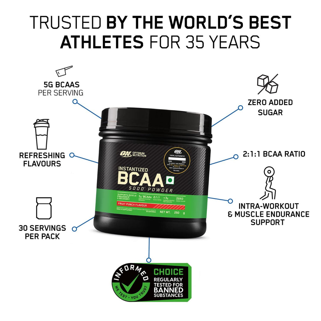 Optimum Nutrition BCAA, 5g BCAAs in 2:1:1 Ratio, 30 servings, For Muscle Recovery & Endurance, Intra workout, Informed Choice certified, 250gm