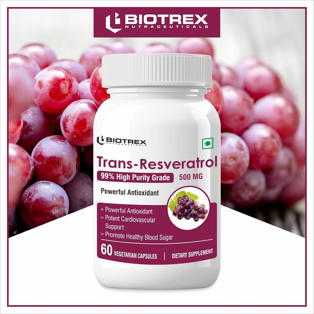 Biotrex Nutraceuticals Trans Resveratrol 500mg | 99% High Purity Grade | Grape Skin Extract | Supports Blood Sugar Levels & Healthy Heart | 60 Veg Capsules