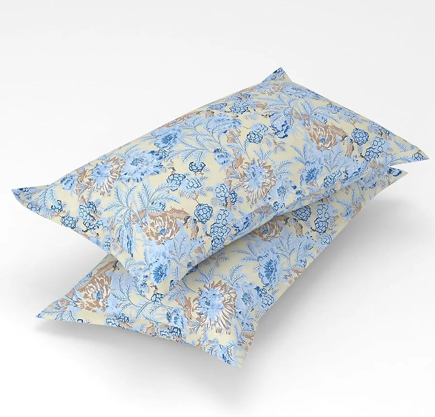 Homefab India 160 TC Glace Cotton Double BedSheet with 2 Pillow Covers Light Blue Floral