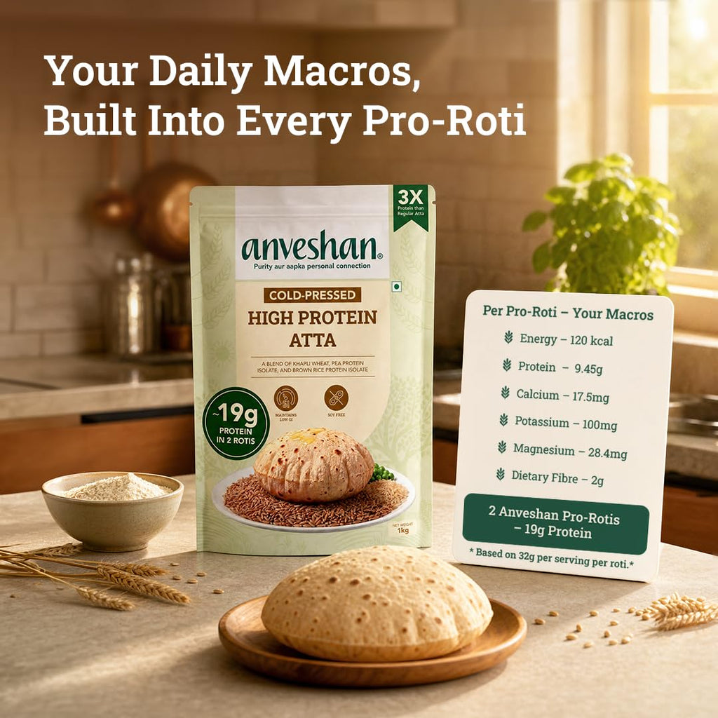 Anveshan High Protein Atta 1 KG | ~10g Plant Protein/Roti | Ancient Khapli Wheat + Pea & Brown Rice Protein | No Soy, No Maida | Low GI, Complete Amino Acids