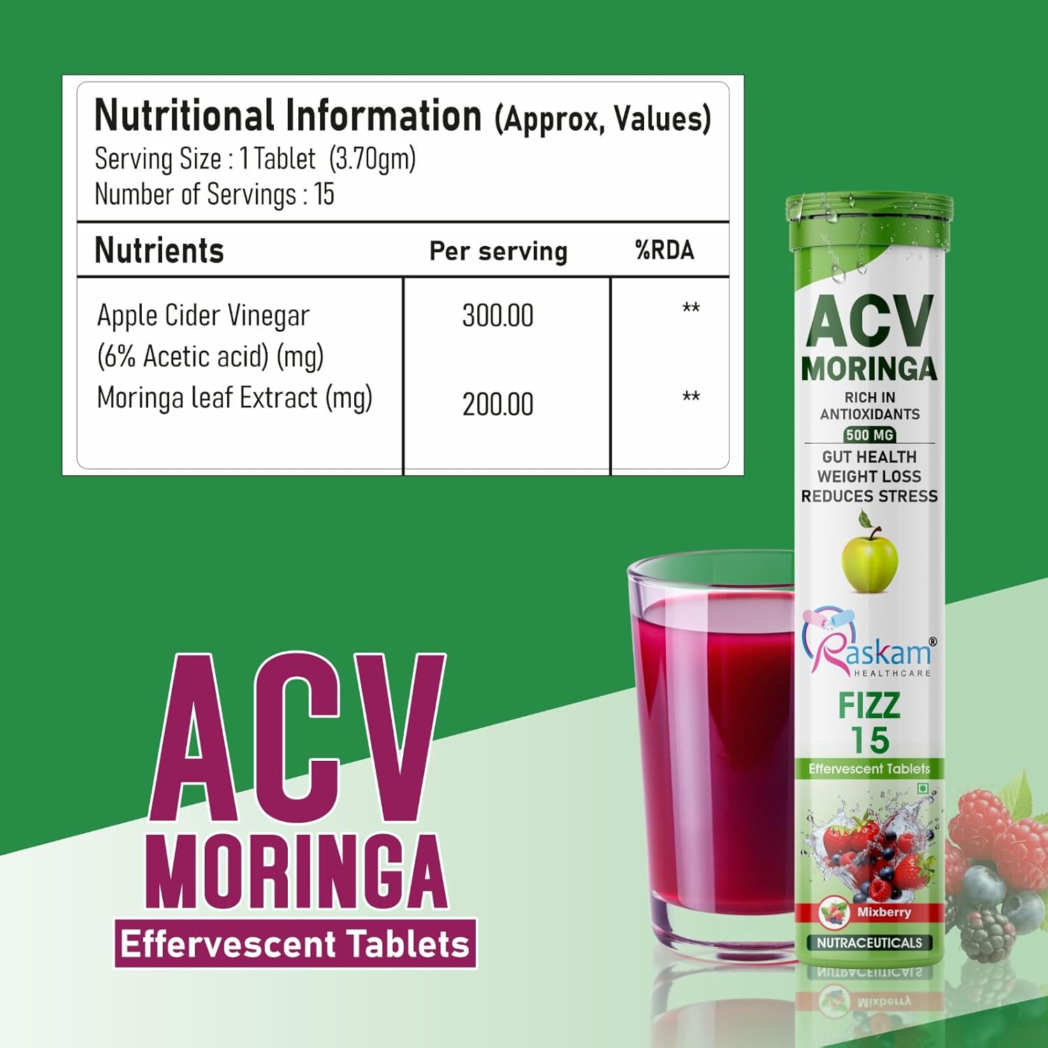 ACV Moringa Effervescent Tablets | Fizz 15 Tablets in Mixberry Flavor, 500mg| Natural Energy & Immunity Booster with Antioxidants to Control Cravings (Pack of 1)