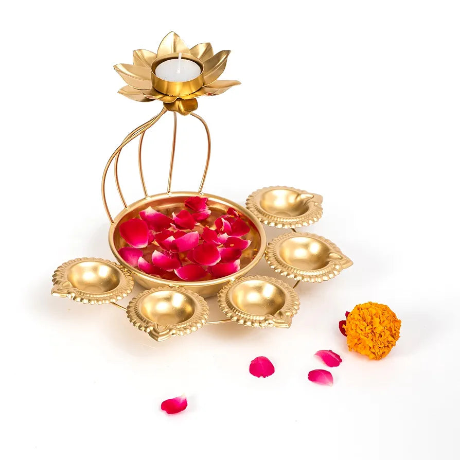 Metal Lotus Tealight Candle Holder with Base of Urli Bowl and Diya Gold