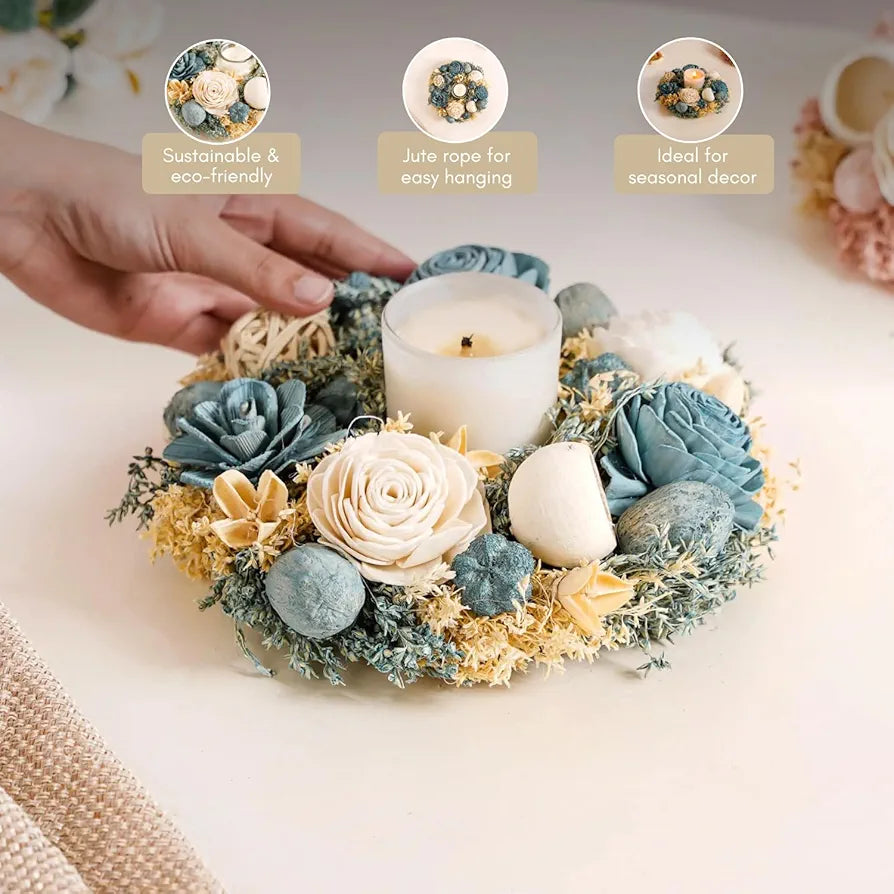 Shola Flower Wreath Handcrafted Eco-Friendly Wall Decor with Dried Flowers Rattan Balls & Jute Frame for Timeless Elegance