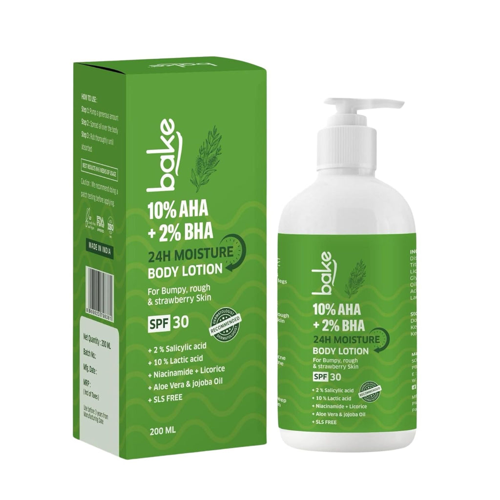 BAKE 10% AHA + 2% BHA Body Lotion SPF 30 PA+++ for Strawberry, Rough & Bumpy Skin | Lactic Acid & Niacinamide | 200ml