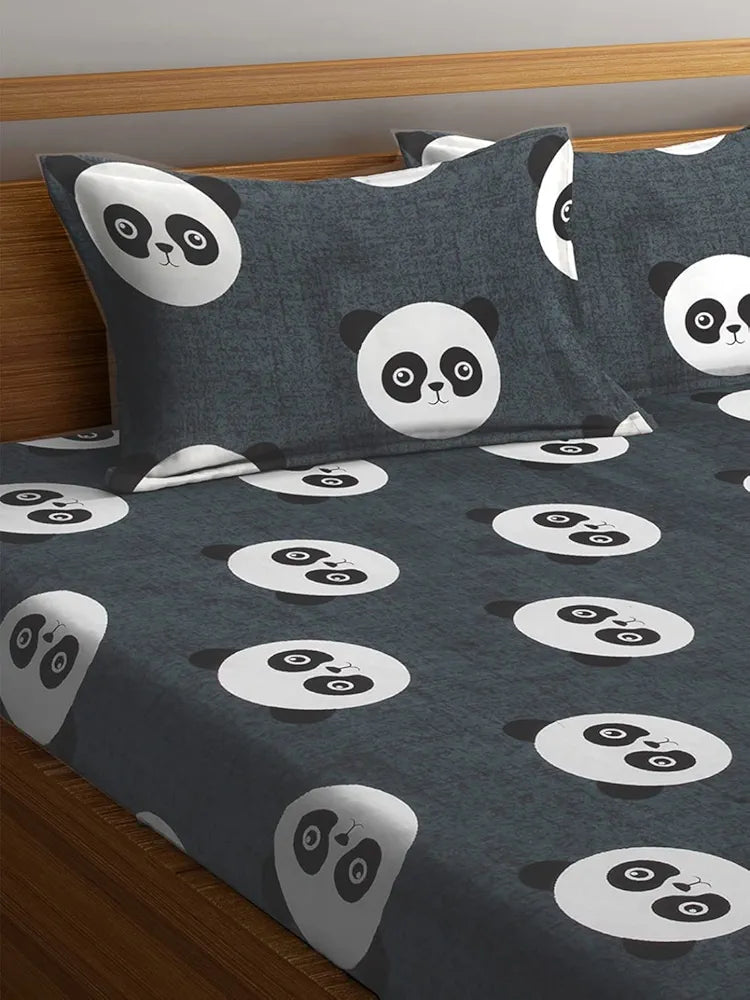 Homefab India 144 TC Microfiber Double BedSheet with 2 Pillow Covers Grey Black Panda