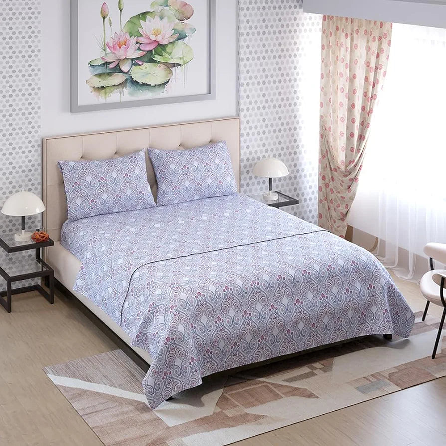 Layers Emaline Cotton Double Bedsheet Set 1 Double Cotton Bedsheet & 2 Pillow Covers 144 TC Purple Ornate