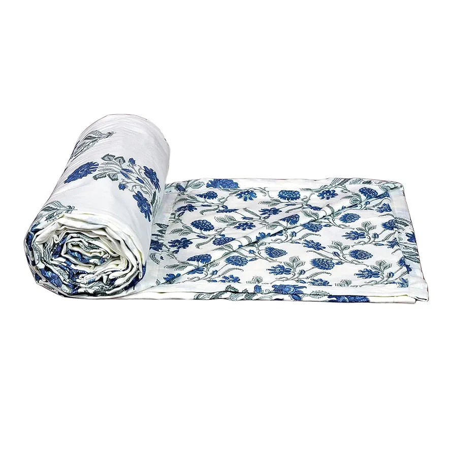 Trance Home Linen 100% Cotton Reversible Dohar Single Bed Size Jaipuri Printed Artisan Block Design Blanket 56"X88" Colour Aangan Blue White