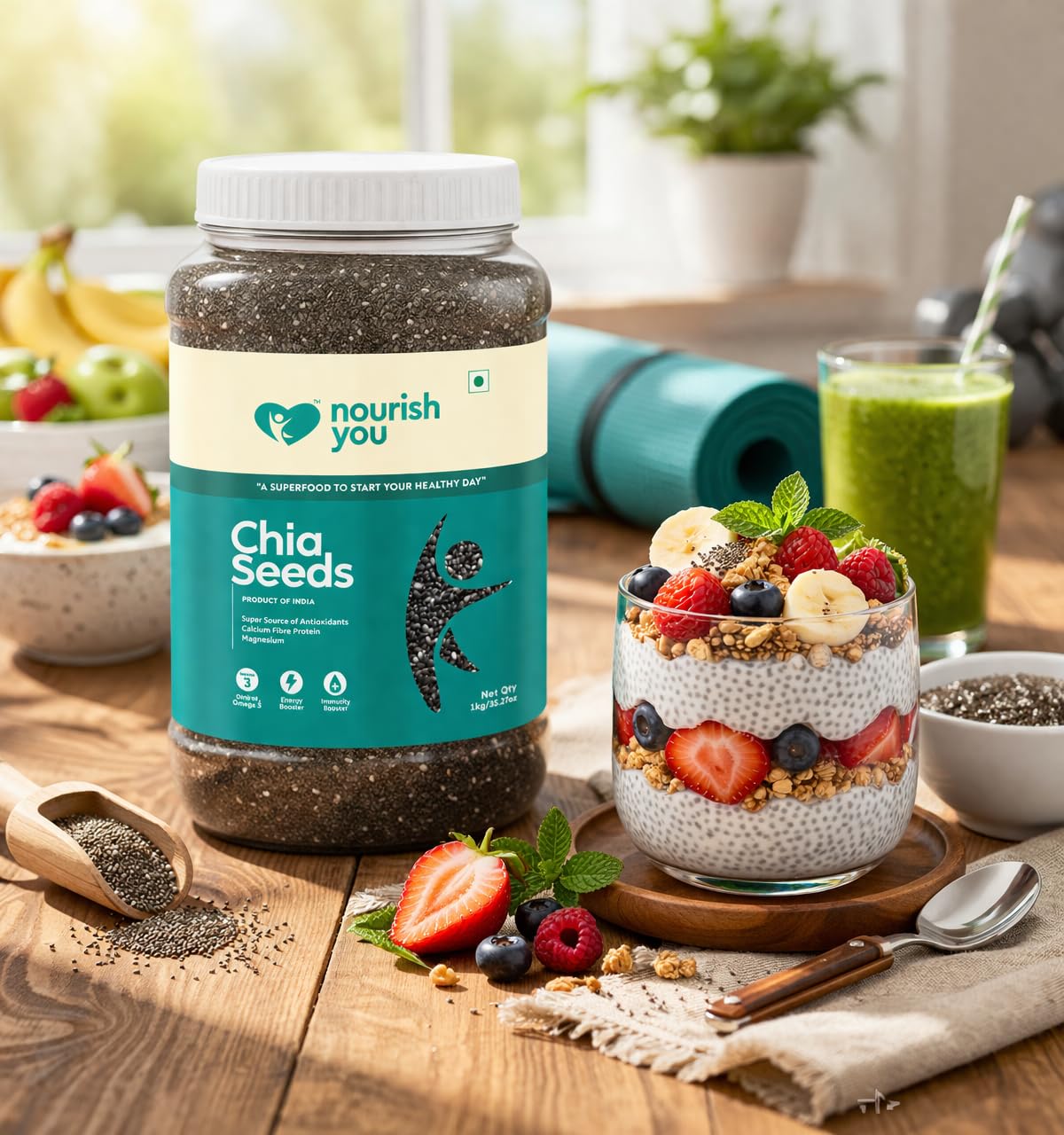 Nourish You Raw & Whole Chia Seeds 1kg Jar | Dirt & Stone free | Gluten Free | Source of Calcium, Protein , Dietary Fibre & Antioxidant | Rich with Omega 3 & Zinc | Premium superfoods | Supports Weight Management | Value Pack offer
