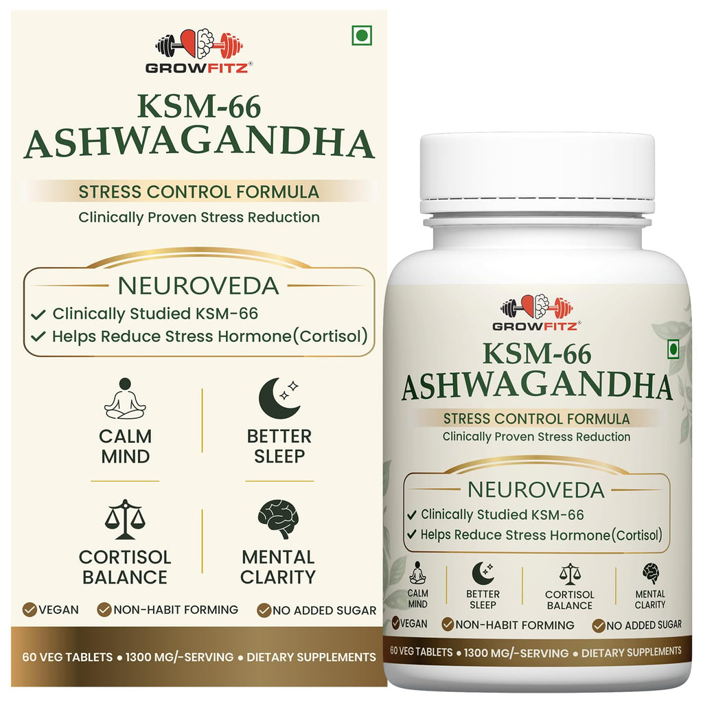 GROWFITZ KSM-66 Ashwagandha 1300mg Tablets | 60 Veg Tablets | Herbal Supplement | Supports Stress Management, Better Sleep, Muscle Recovery & Energy | for Men & Women