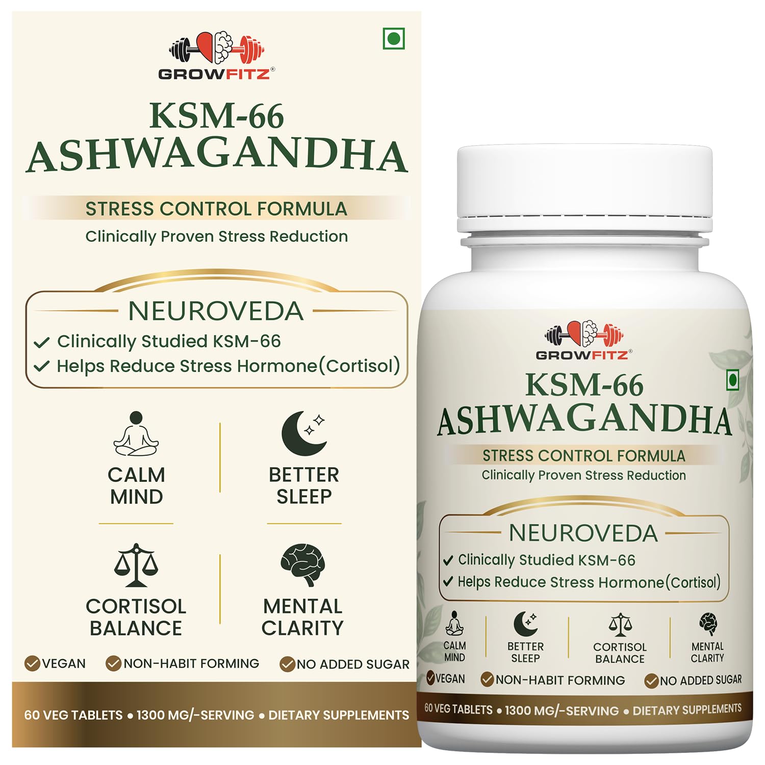 GROWFITZ KSM-66 Ashwagandha 1300mg Tablets | 60 Veg Tablets | Herbal Supplement | Supports Stress Management, Better Sleep, Muscle Recovery & Energy | for Men & Women