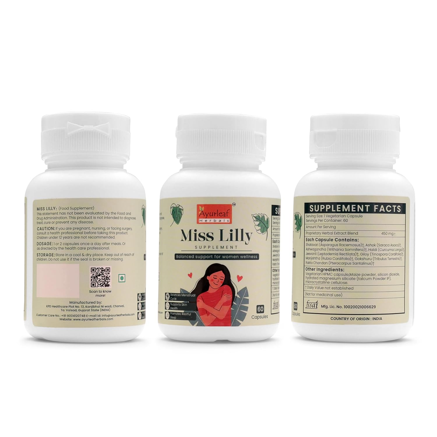 Ayurleaf Herbals - Miss Lilly Extract Blended Capsules 450 Mg | 60 Veggie Capsules for Women