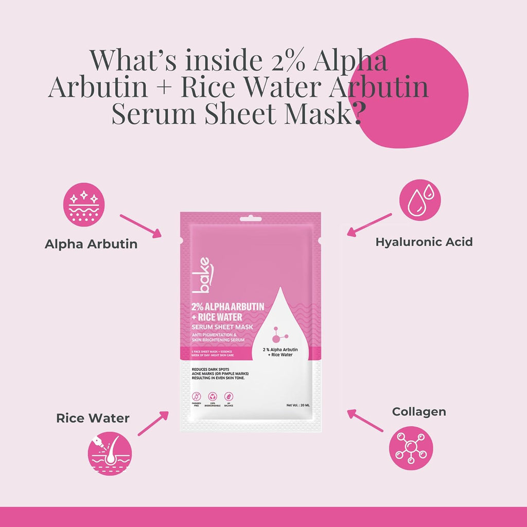 BAKE 2% Alpha Arbutin Sheet Mask for Glowing Skin with Rice Water for Instant Bright Skin | For Dark Spots, Pigmentation & Tan Removal | Instant Glow - 20g