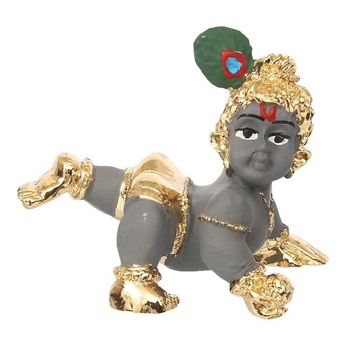 Ecraftindia Gold Plated Laddu Gopal/ Lord Krishna Decorative Showpiece for Home | Temple | Office | Car Dashboard