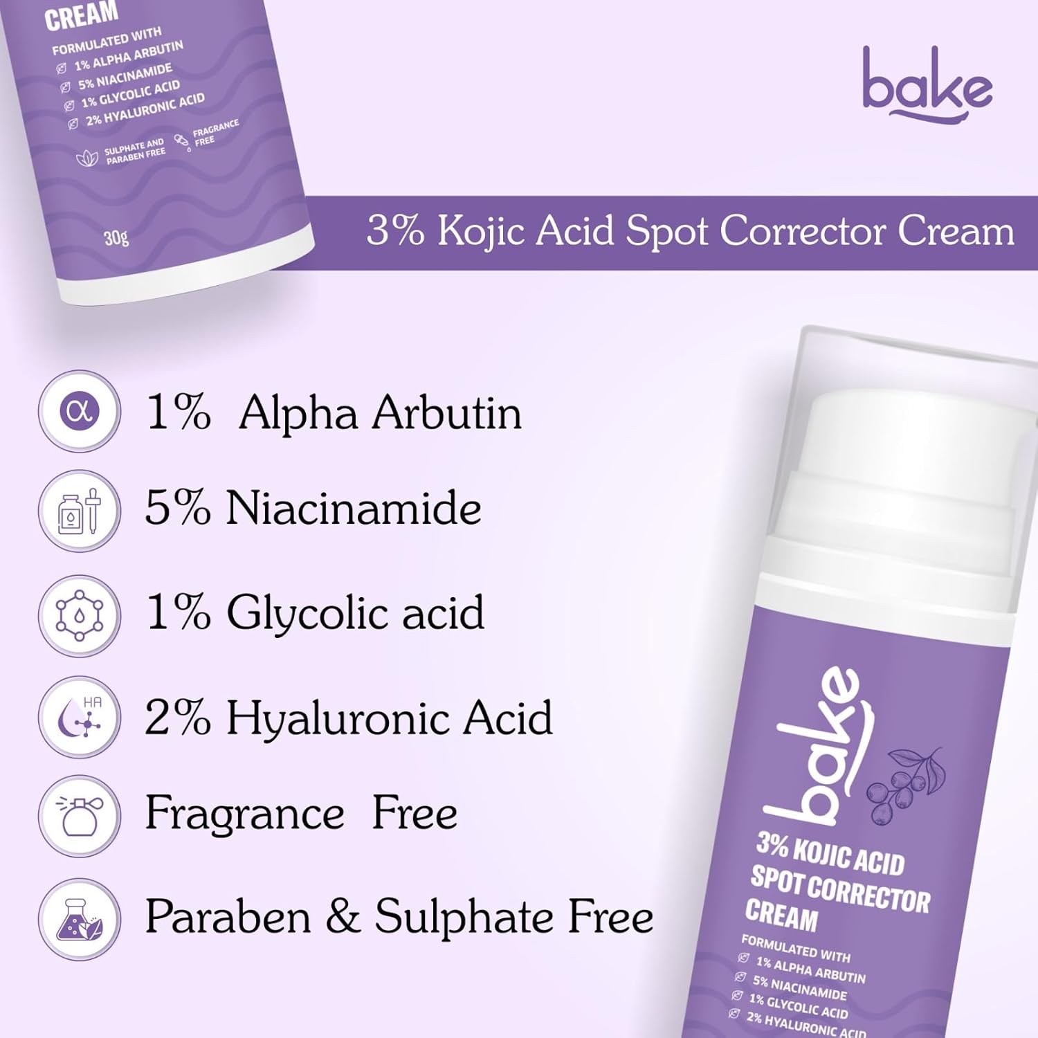 BAKE 3% Kojic Acid Spot Corrector Cream with Alpha Arbutin for Pigmentation, Dark Spots, Under Eye Circles & Even Skin Tone â€“ 30g