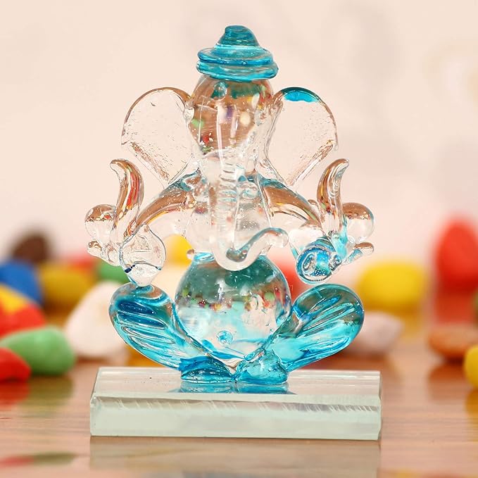 Ecraftindia Skyblue and Transparent Double Sided Crystal Car Ganesha Showpiece