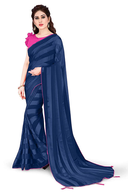 Mirchi Fashion Women'S Georgette Shiny Satin Stripes Laining Pattern Saree