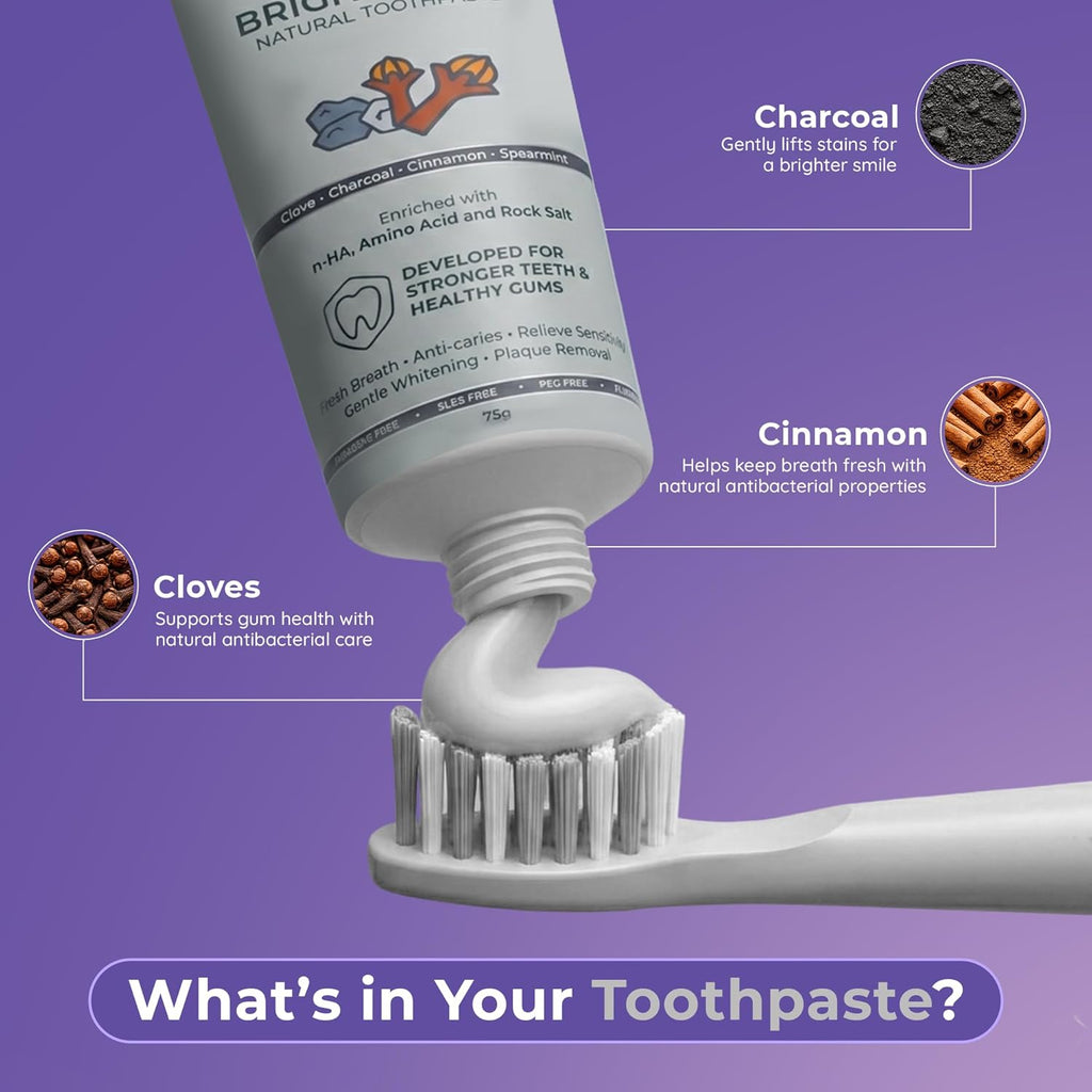 ORACURA Brightening Natural Toothpaste (Charcoal) | Fluoride-Free, SLES-Free | nHA (Nano Hydroxyapatite) Enamel Strengthening | Gently Whitens, Removes Surface Stains, Helps Prevent Plaque & Discoloration | Clove Extracts | 75 g (Pack of 1)
