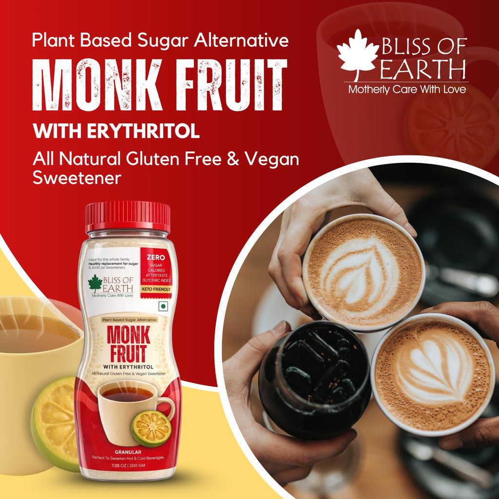 Bliss of Earth Monk Fruit Sweetener with Erythritol 200gm (Golden), 1:1 Zero Calorie Sugar Alternative, Keto Friendly, No Aftertaste, Zero Glycaemic Natural Sweetener,