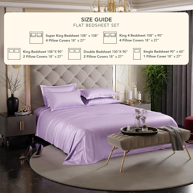 Stoa Paris Satin Bedsheets for Super King Size Bed 300TC Premium Bedsheet with 4 Pillow Cover Colour Lilac