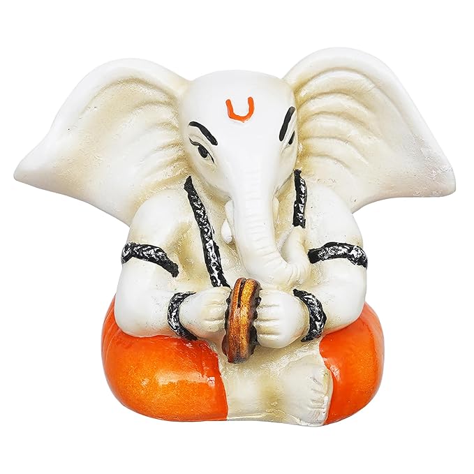 Ecraftindia White & Orange Polyresin Handcrafted Lord Ganesha Idol Playing Cymbals Musical Instrument | Decorative God Statue Ideal