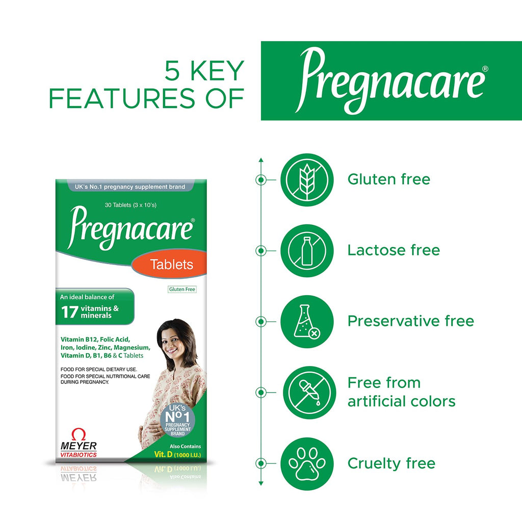 Pregnacare Multivitamin tablets for women with 17 vitamins, Iron, Vitamin B12, Folic acid for healthy & nutritional care during pregnancy | Gluten free vegetarian multivitamin tablets